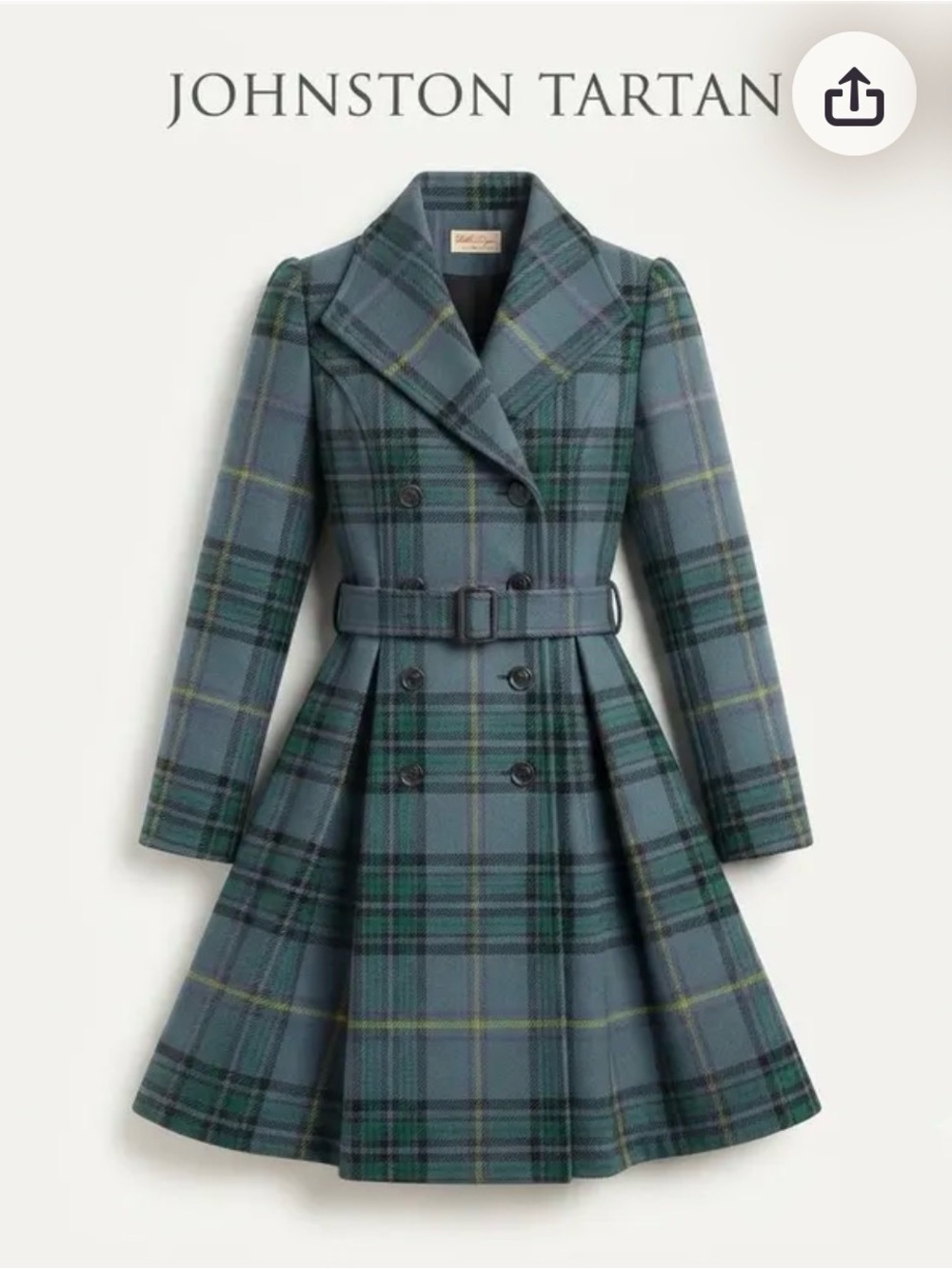 Green/Blue Tartan Plaid Belted Fit-and-Flare Coat- knee or slightly above knee